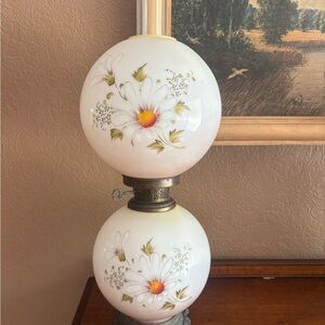 Vintage Floral Glass Table Lamp - White with Yellow and Green Accents